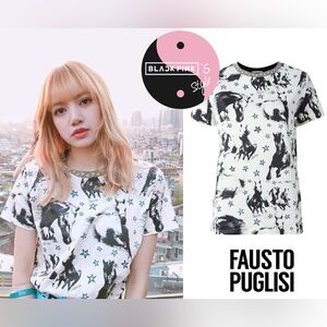 Fausto Puglisi Black and White Horse Crewneck Short Sleeve Tee